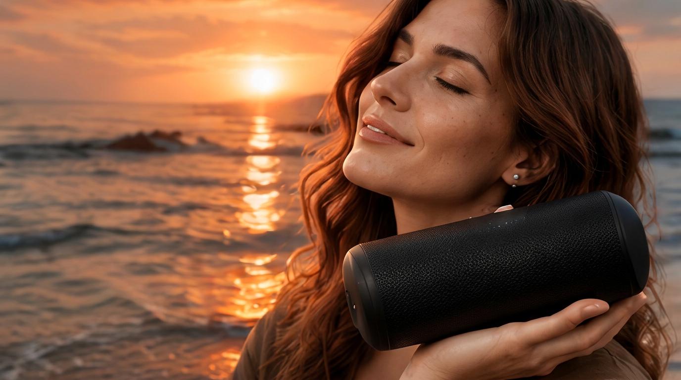 Woman at sunset holding a portable speaker
