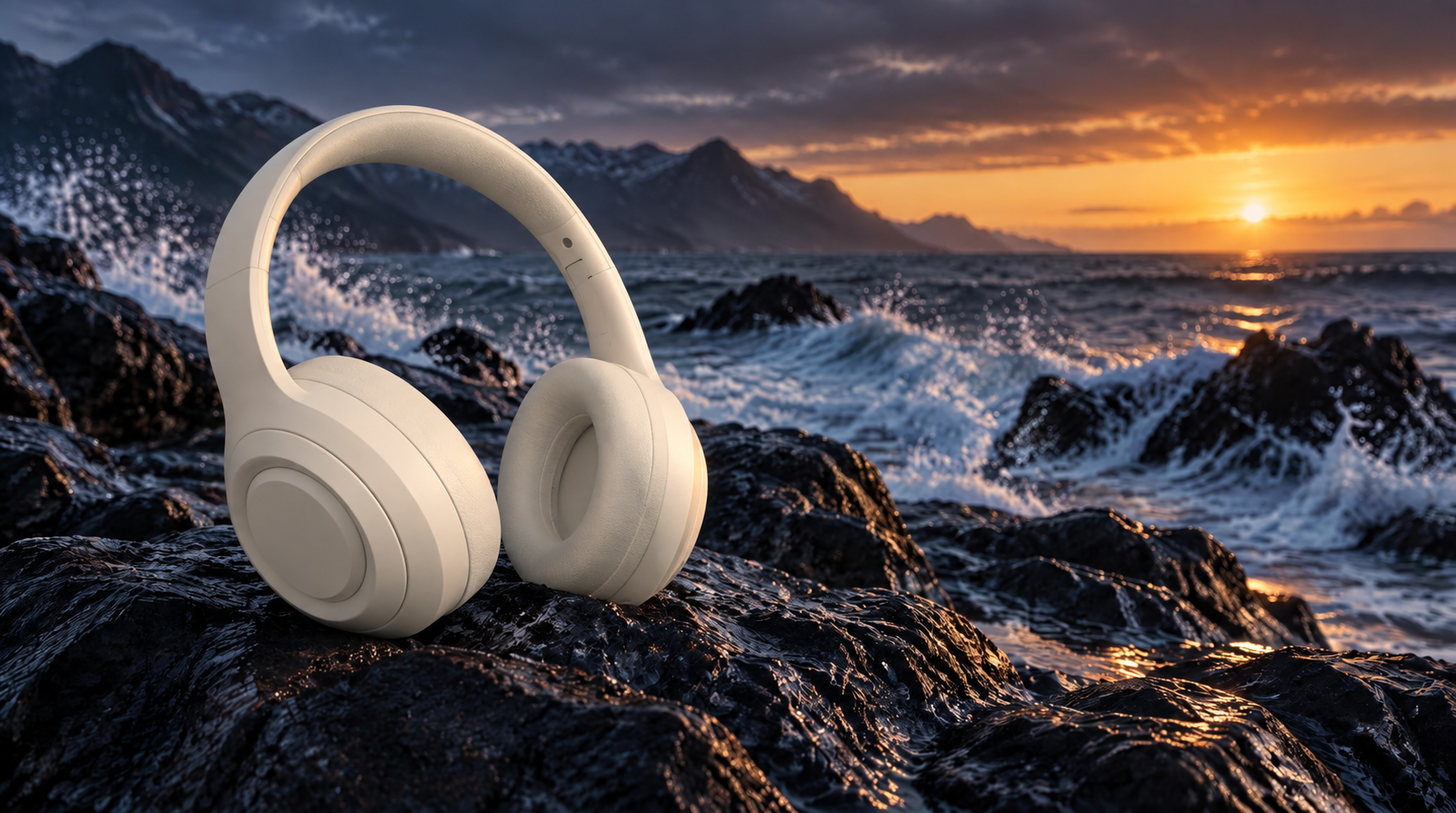 Beige over-ear headphones resting on coastal rocks at dusk