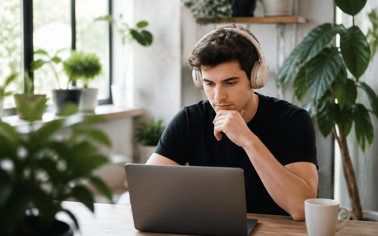 Man working on a laptop wearing over-ear headphones