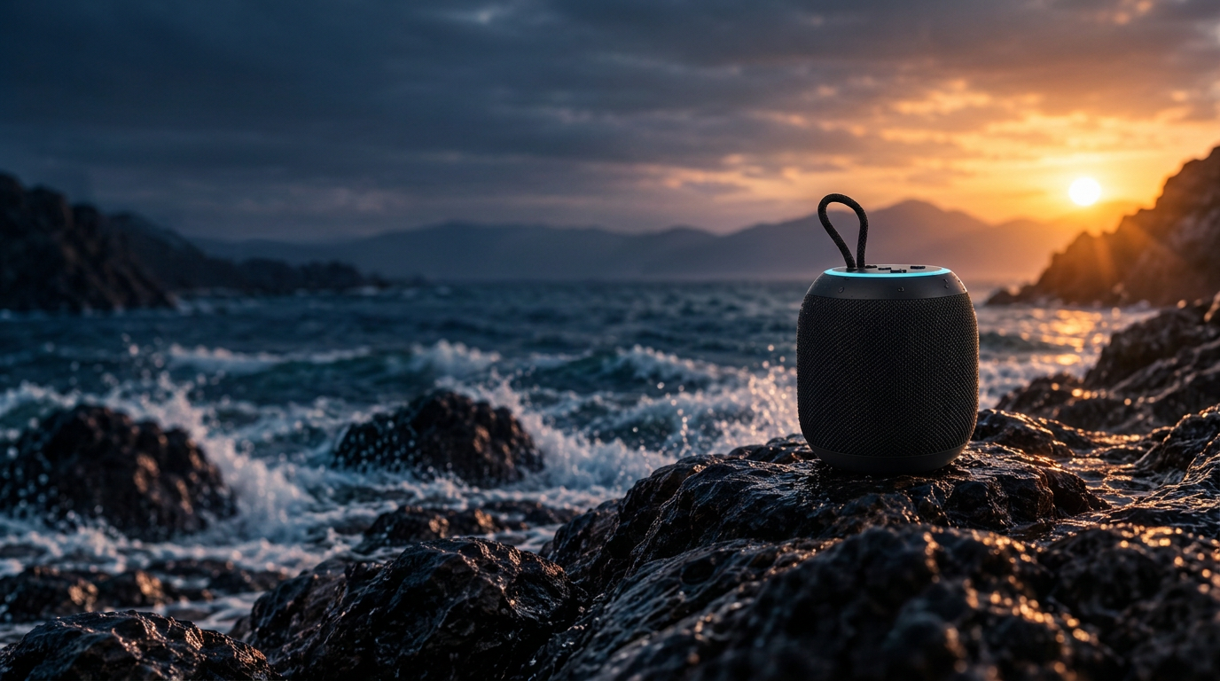Black portable speaker resting on coastal rocks at dusk