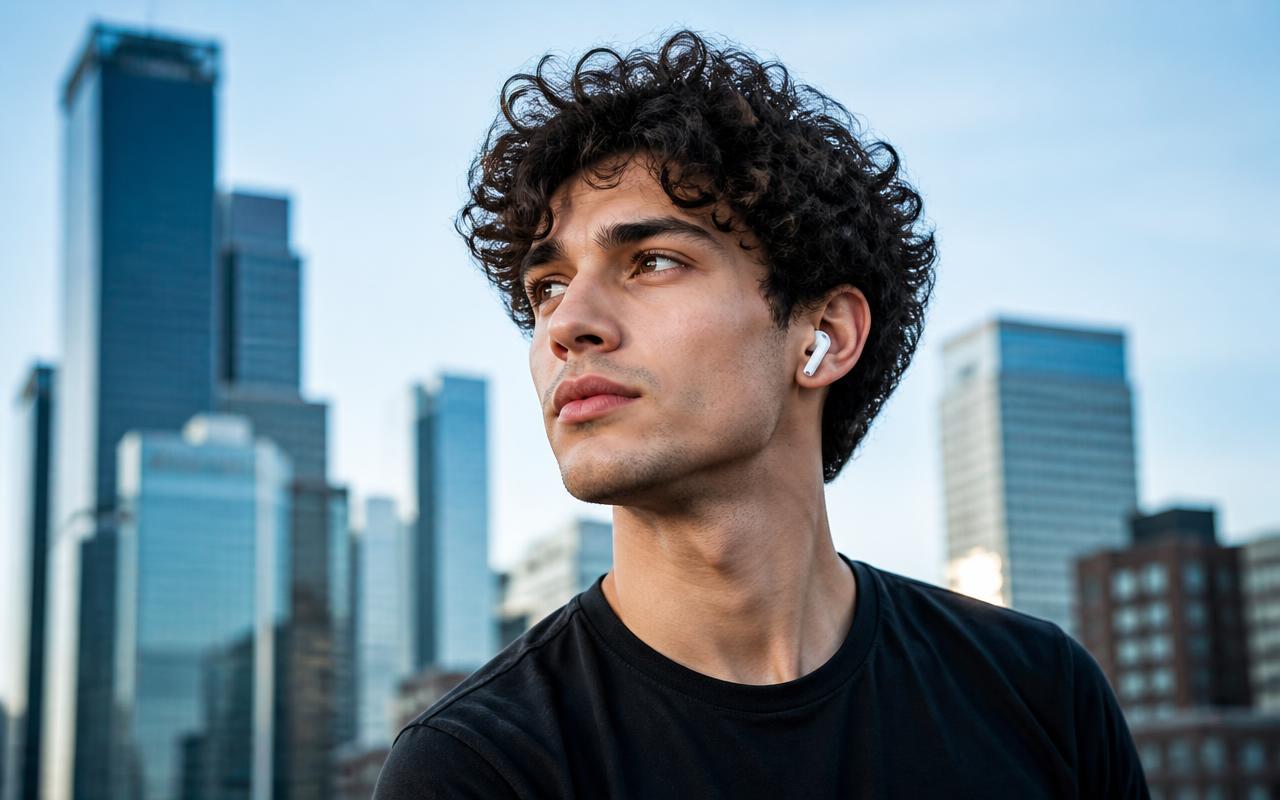 Man in the city wearing a white wireless earbud
